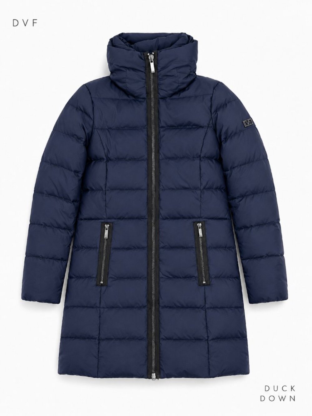 Diane Von Furstenberg DVF Down Puffer Coat Hooded Navy XS Long Parka